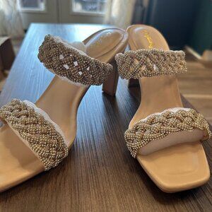 Rhinestone braided high heels-Size 9 - Qupid- Nude chunky heel